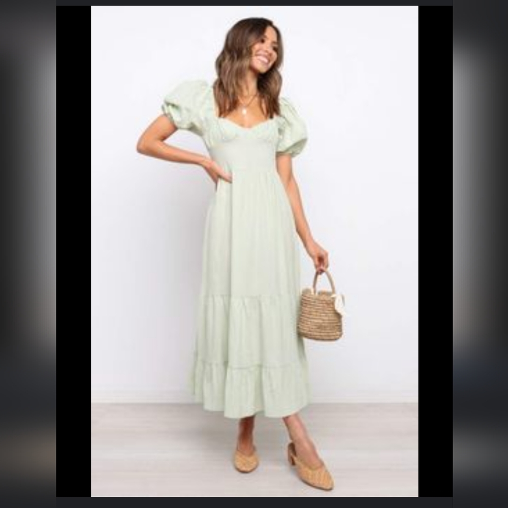 Petal + Pup pistachio sage green short puff sleeve midi dress